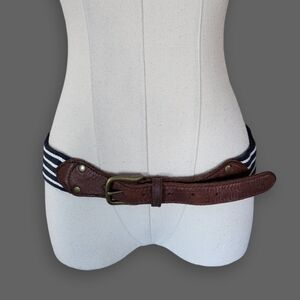 Navy Striped Canvas/Brown Leather Belt, Women's XS/S